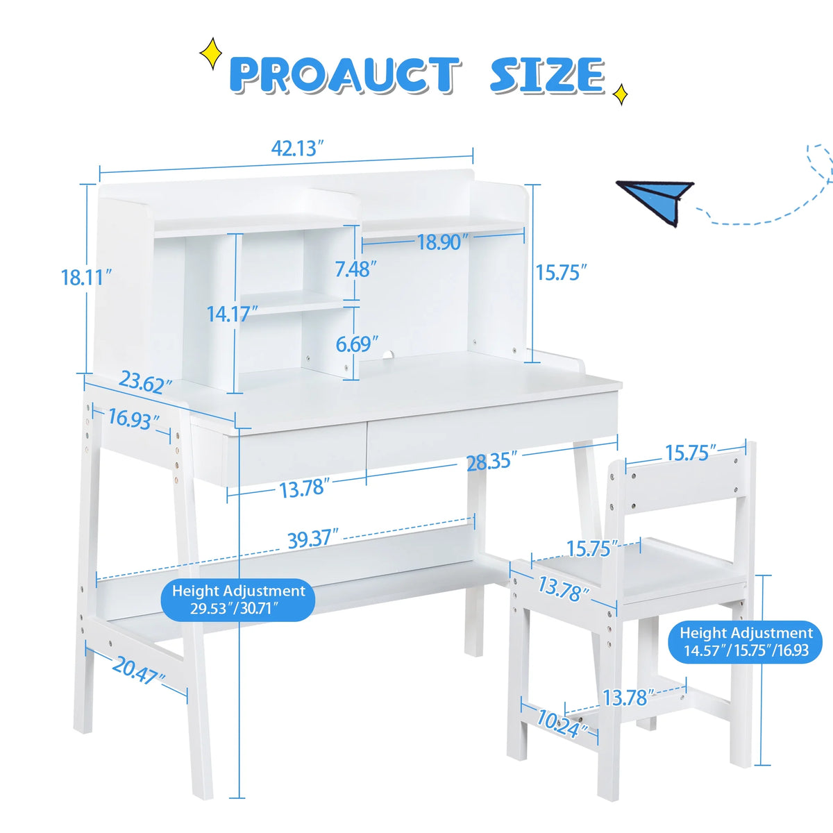White Wooden Kids Desk and Chair Set with Drawers V9155