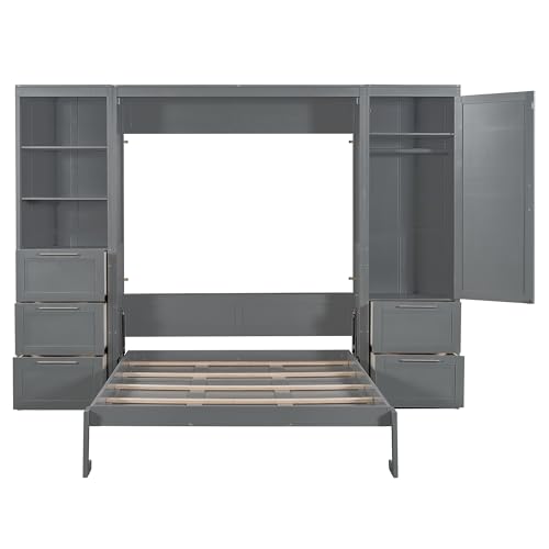 Grey Queen Size Wood Murphy Bed with Shelves and Drawers N519796