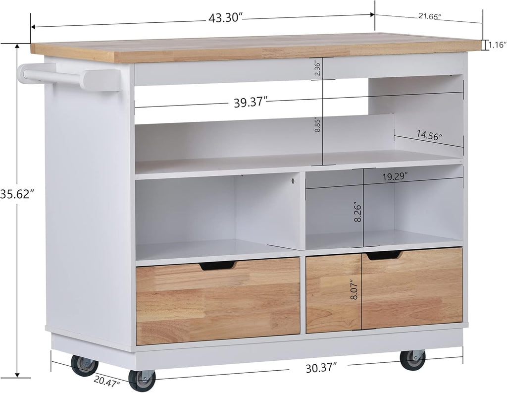 White Rolling Kitchen Island with RubberWood Top, 2 Drawers N794