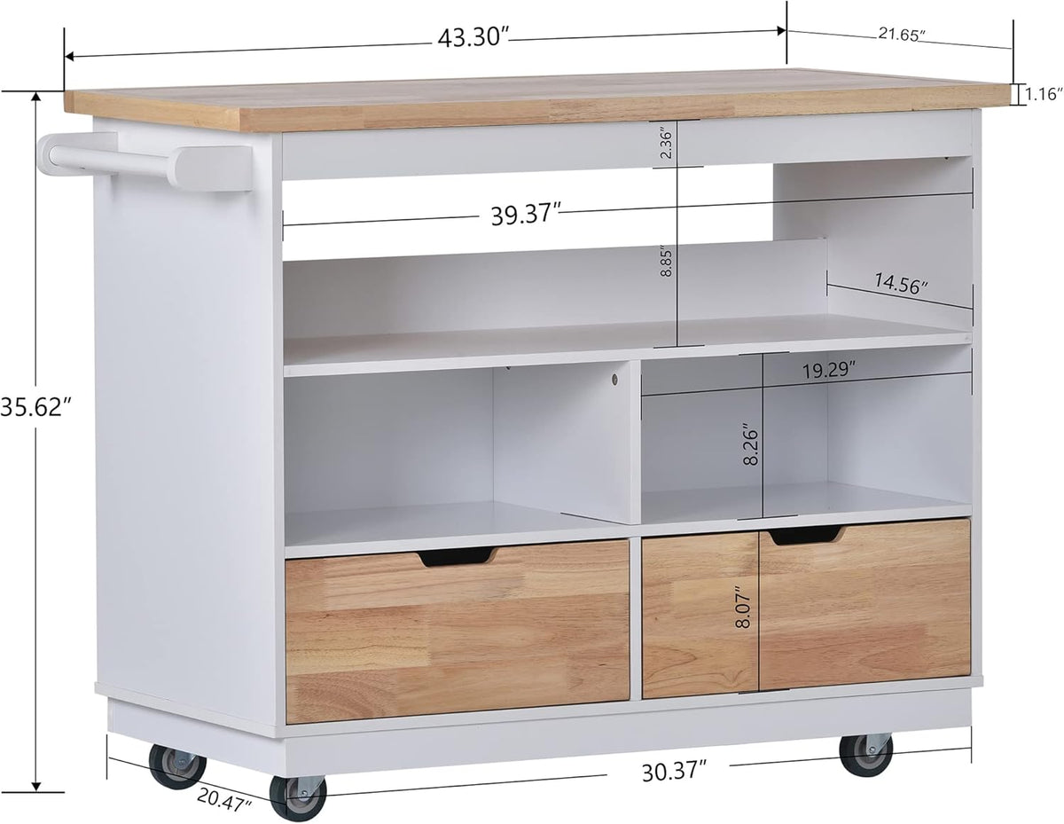White Rolling Kitchen Island with RubberWood Top, 2 Drawers N794