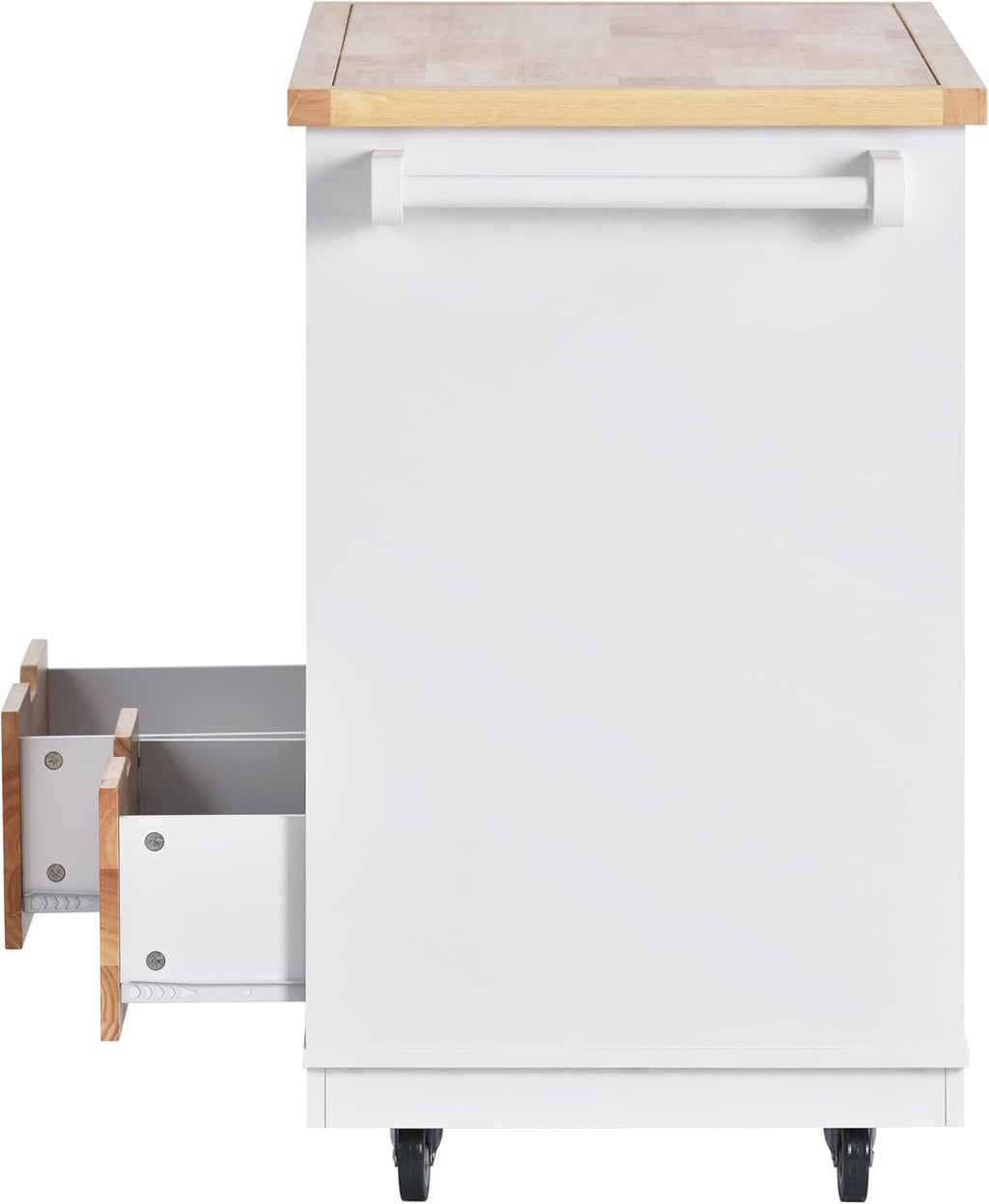 White Rolling Kitchen Island with RubberWood Top, 2 Drawers N794
