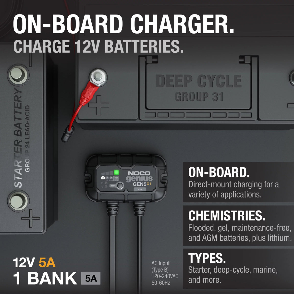 1-Bank 5A 12V Onboard Battery Charger K825