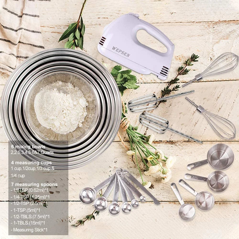 Electric Hand Mixer with Silver Nesting Stainless Steel Mixing Bowl, Measuring Cups and Spoons Whisk Blender V246