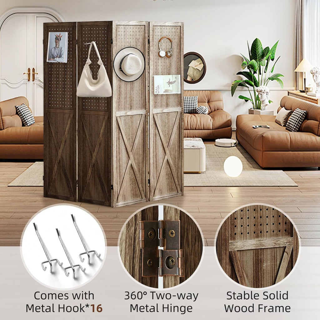 Brown 4 Panel Folding Pegboard Room Divider M195935