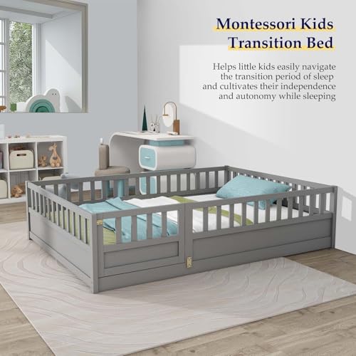 Full-White Wood Kids Floor Bed with Safety Guardrails I23244