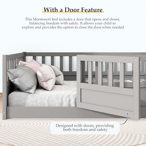 Full-White Wood Kids Floor Bed with Safety Guardrails I23244