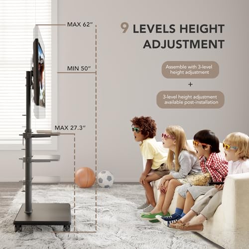 Portable Rolling Floor TV Stand with Wheels, Height Adjustable for 27 to 65 Inch TVs E158