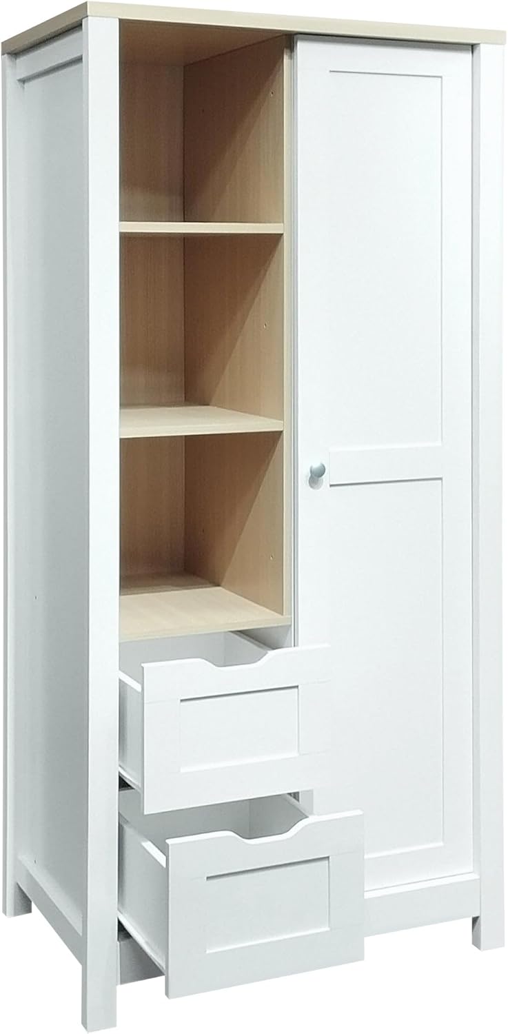 White Freestanding Wooden Armoire Wardrobe with 1 Sliding Door and 2 Drawers R690851