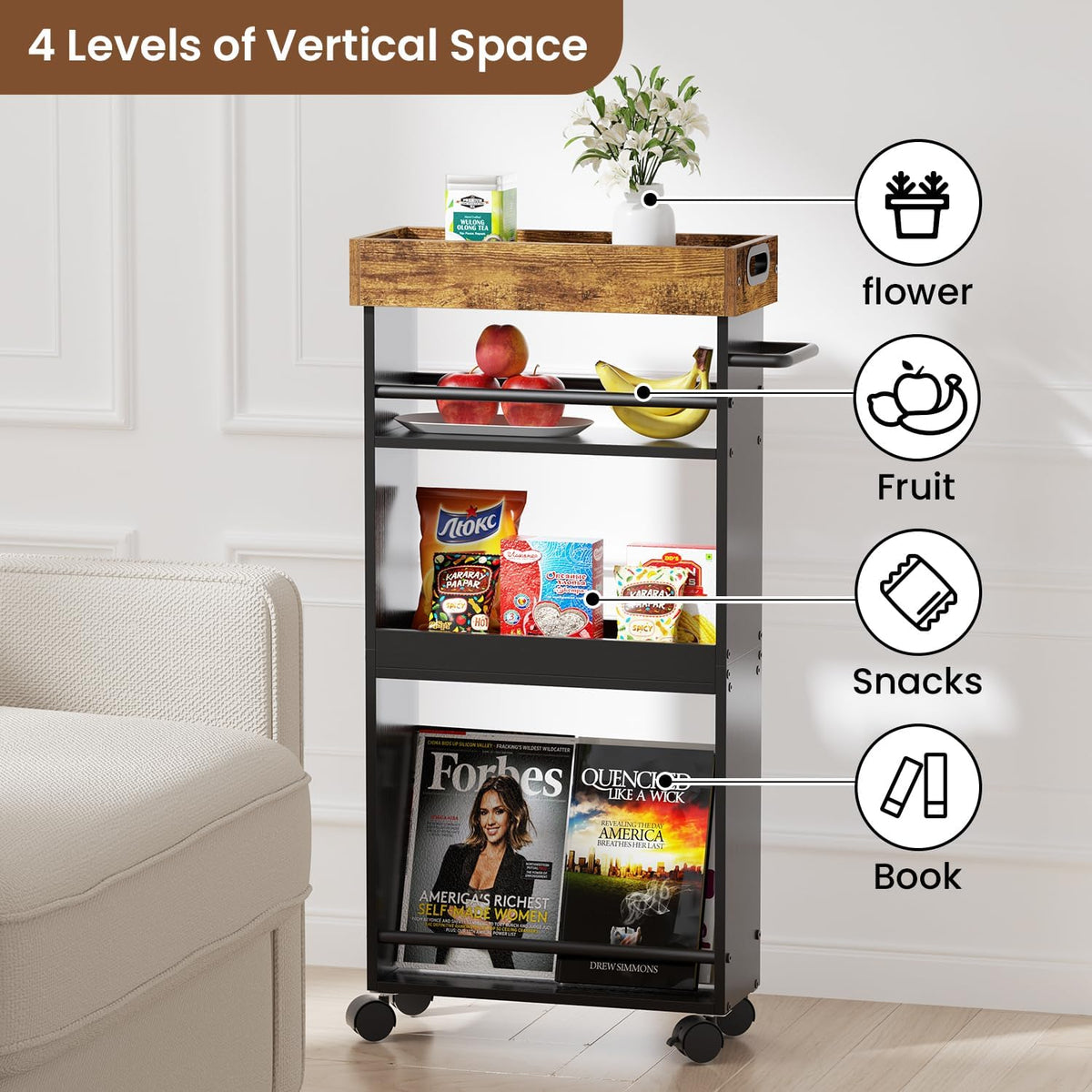 Slim 4 Tier Rolling Storage Cart with Handle E859343