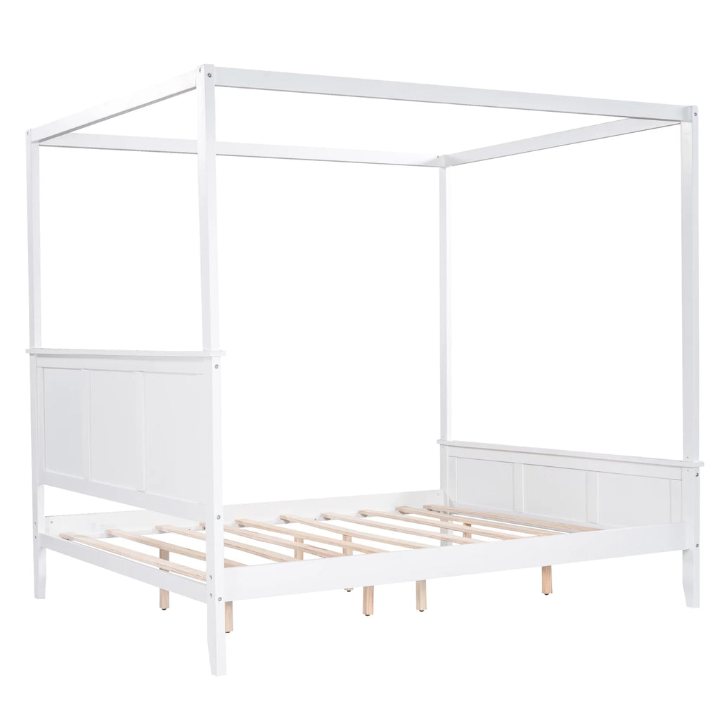 White Wood Queen Size Canopy Platform Bed S517