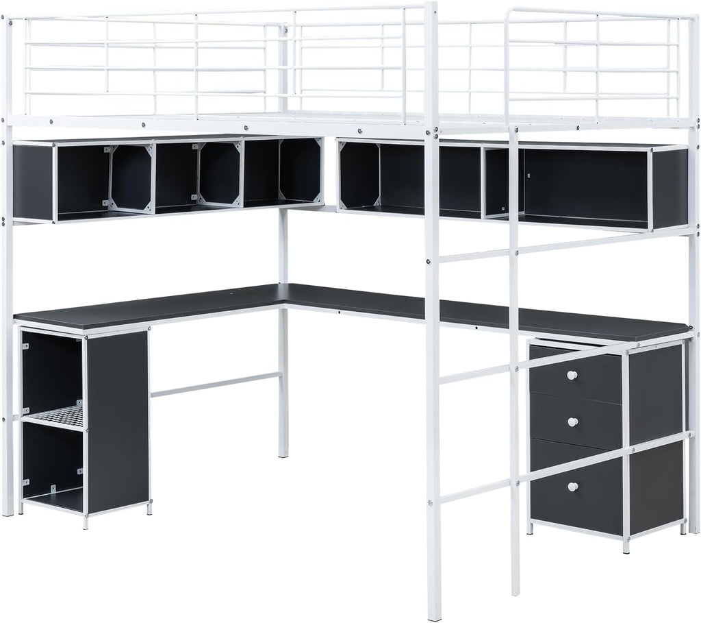 White Full Metal Loft Bed with Bookcase Desk Cabinet P31919