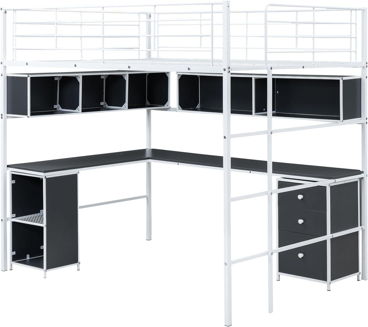 White Full Metal Loft Bed with Bookcase Desk Cabinet P31919