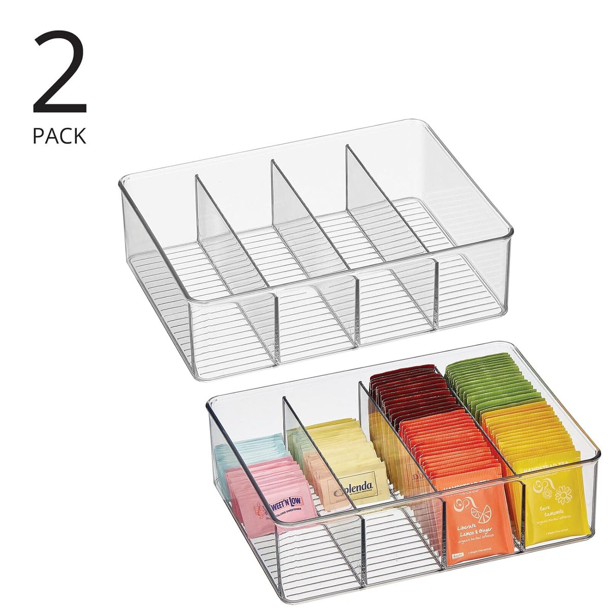 Plastic Stackable Tea Bag Storage Organizer Bin with 4 Divided Compartments, 2 Pack - Clear J6788