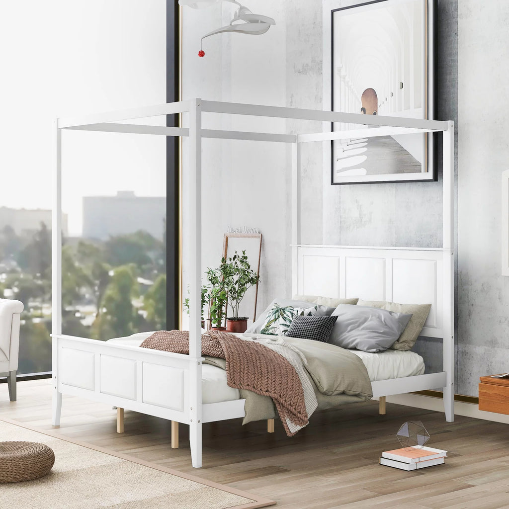 White Wood Queen Size Canopy Platform Bed S517