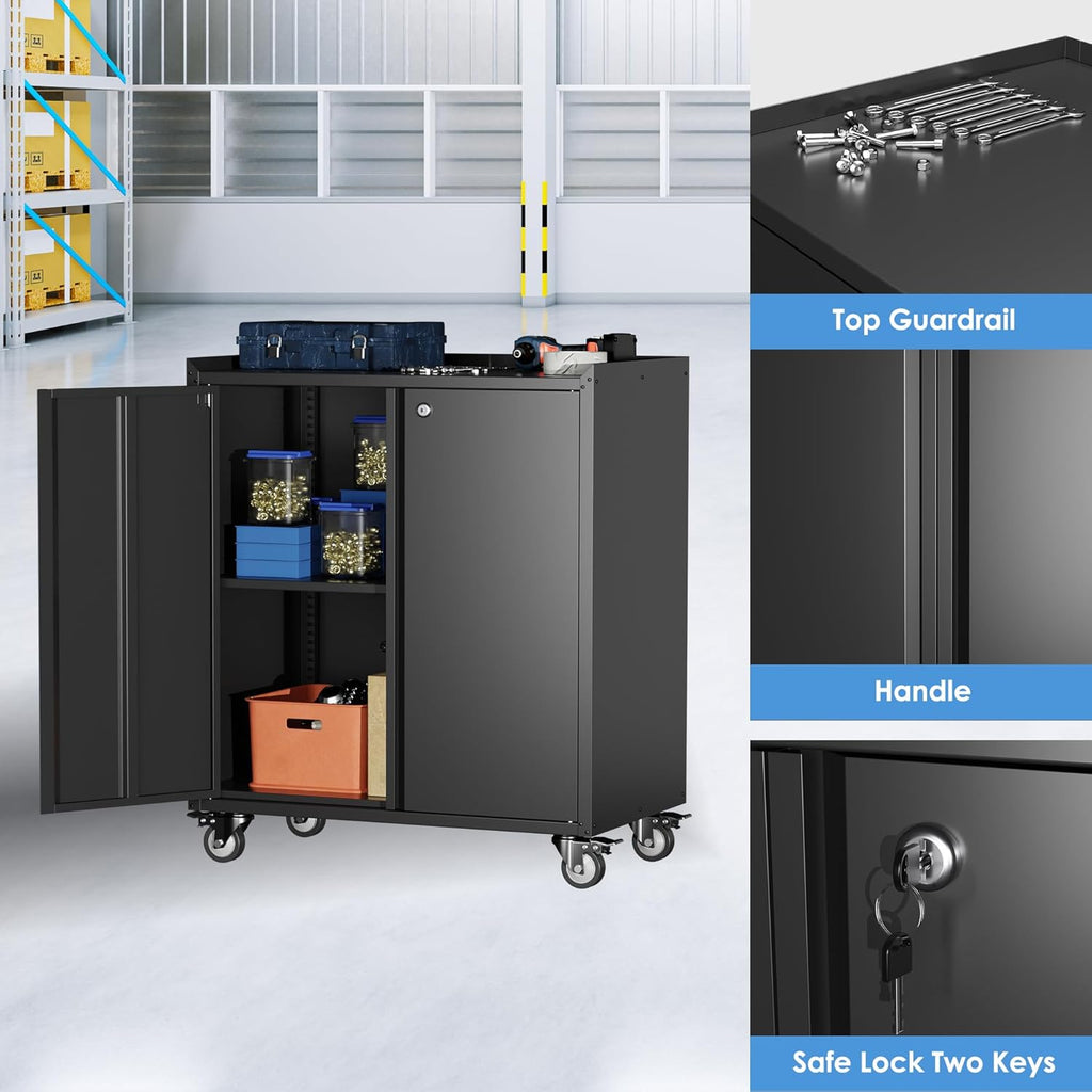 Black Metal Storage Cabinet on Wheels with Adjustable Shelves D703