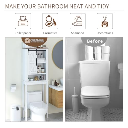 White Over The Toilet Storage Cabinet with Adjustable Shelves & Sliding Barn Doors T744233