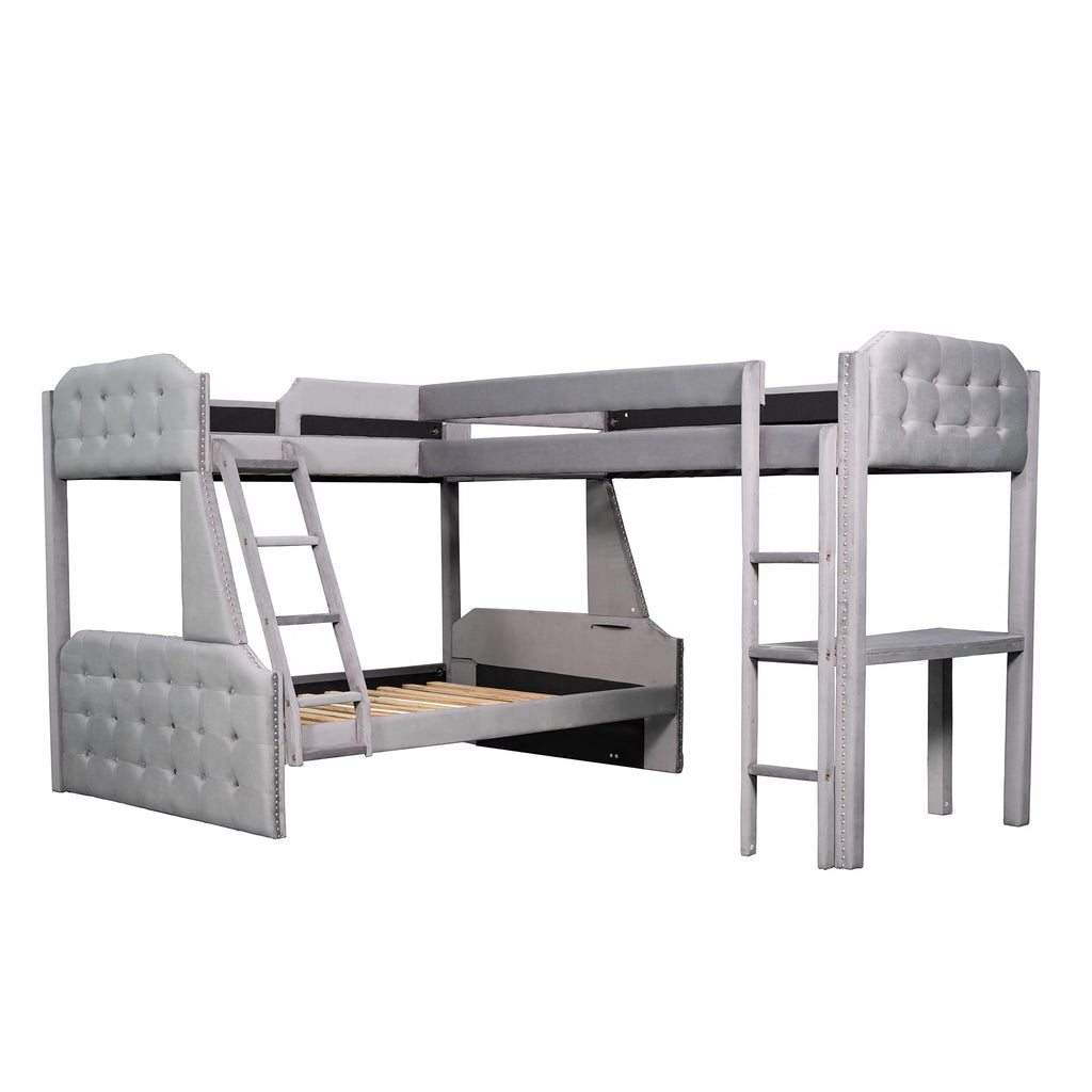 Gray Twin over Full Upholstered Bunk Bed with Desk Y82393