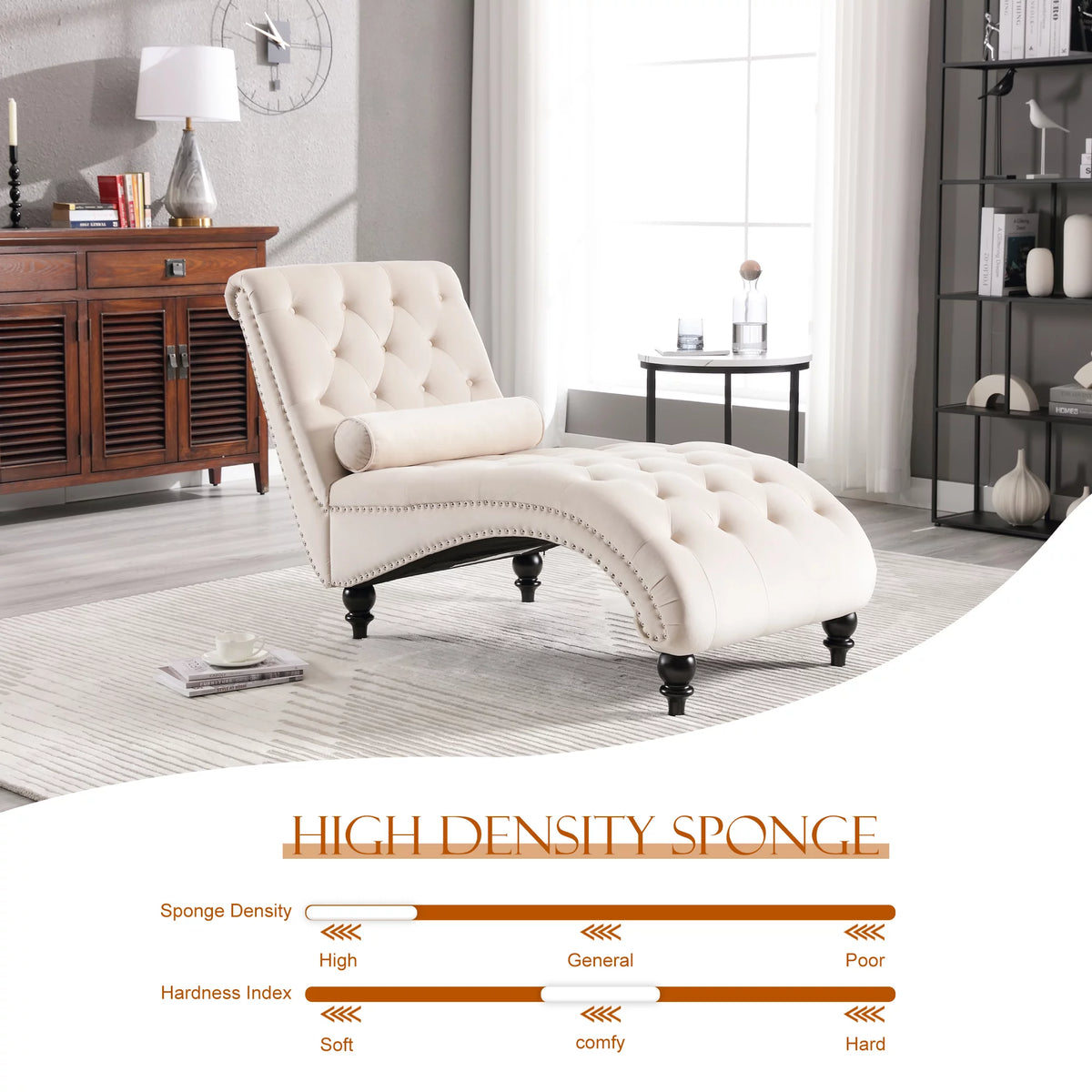 Beige Velvet Tufted Chaise Lounge with Wood Legs H713