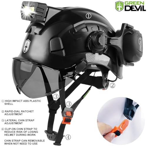 5 in 1 Vented Hard Hat Safety Helmet with Visor Bluetooth Ear Muffs and Headlamp C41716