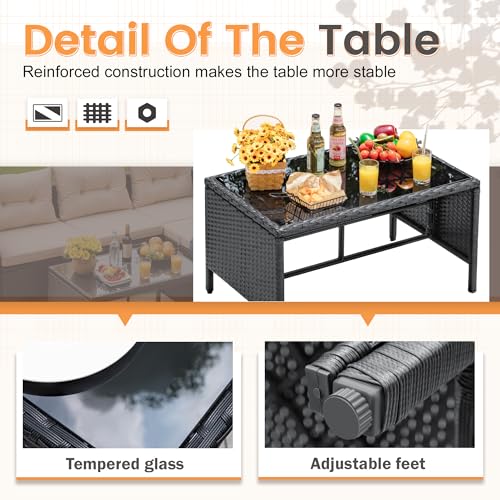 Beige 3-Piece Rattan Outdoor Sectional Sofa with Cushion Glass Table I657893