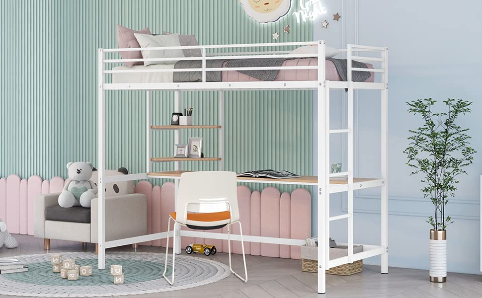 White Metal Twin Loft Bed with Desk and Shelves E9628