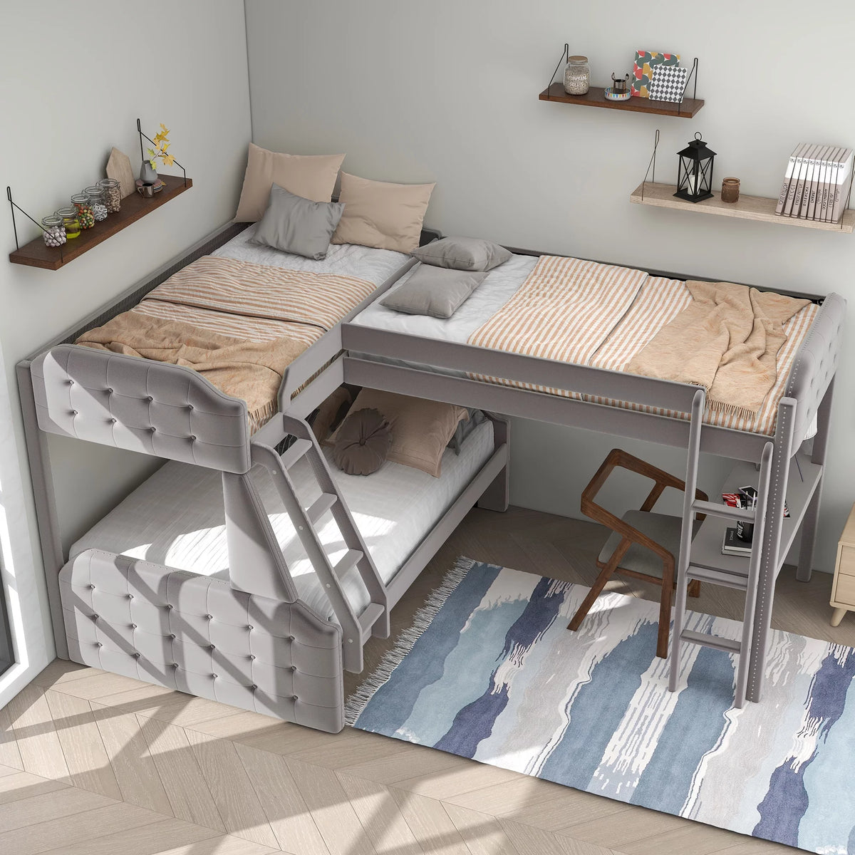 Gray Twin over Full Upholstered Bunk Bed with Desk Y82393