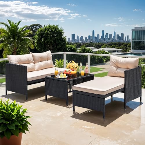 Beige 3-Piece Rattan Outdoor Sectional Sofa with Cushion Glass Table I657893