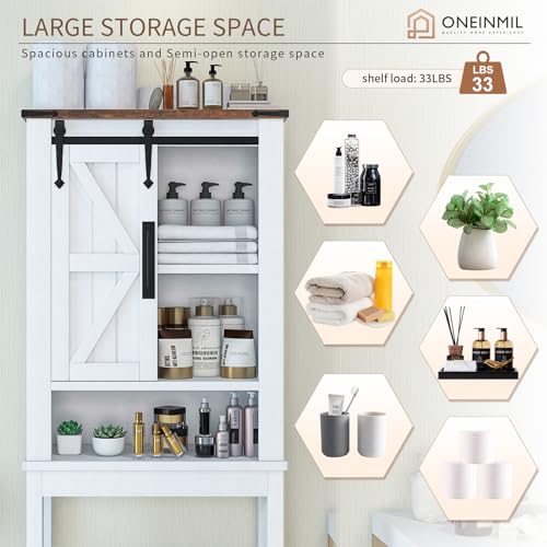 White Over The Toilet Storage Cabinet with Adjustable Shelves & Sliding Barn Doors T744233