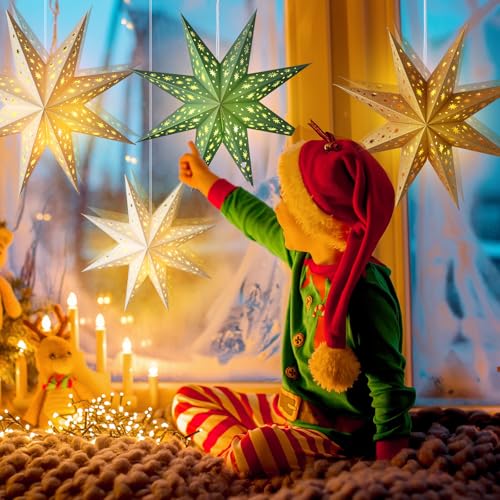 12 Pcs Sage Green 3D Star Lantern with String Light E2954