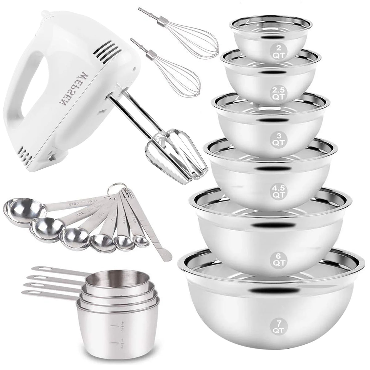 Electric Hand Mixer with Silver Nesting Stainless Steel Mixing Bowl, Measuring Cups and Spoons Whisk Blender V246