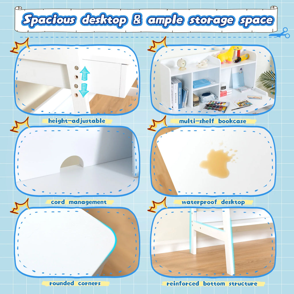 White Wooden Kids Desk and Chair Set with Drawers V9155