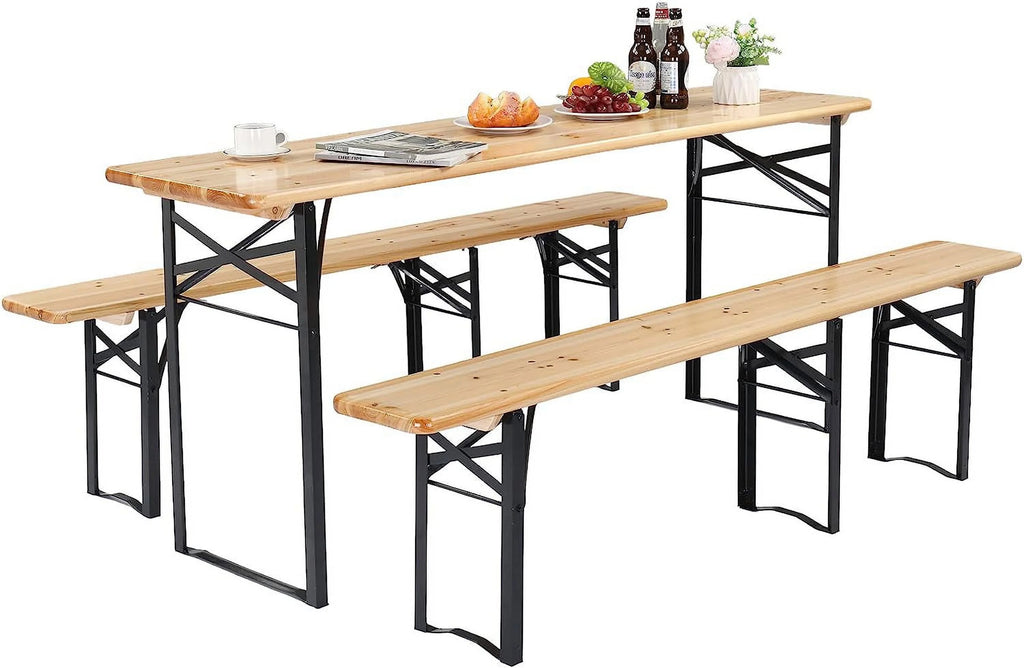 Folding Picnic Tables with Benches Set, 3-Piece Weather-Resistant Wooden Table Bench F605