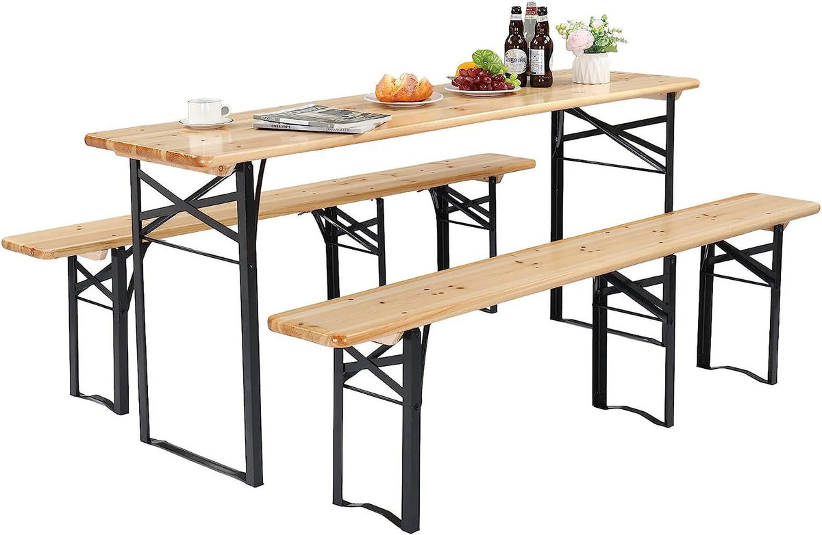 Folding Picnic Tables with Benches Set, 3-Piece Weather-Resistant Wooden Table Bench F605