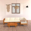 6 Piece Patio Lounge Set with Cream White Cushions Acacia Wood Outdoor Tables W99851