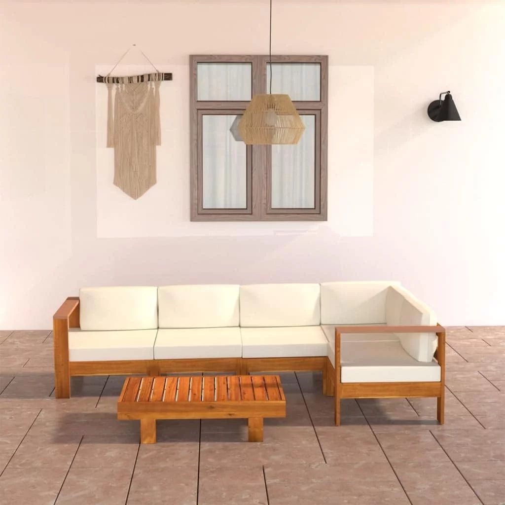 6 Piece Patio Lounge Set with Cream White Cushions Acacia Wood Outdoor Tables W99851