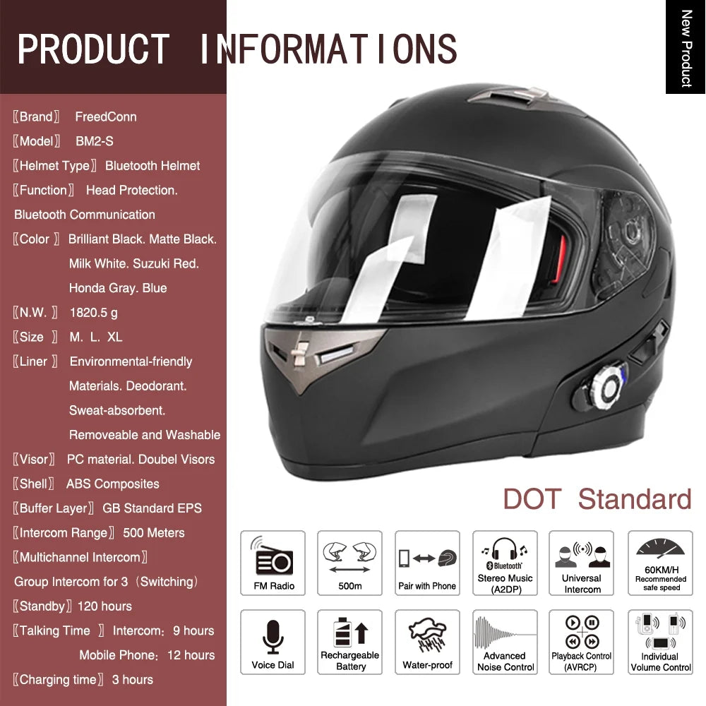 Matt Black Full Face Bluetooth Motorcycle Helmet D334
