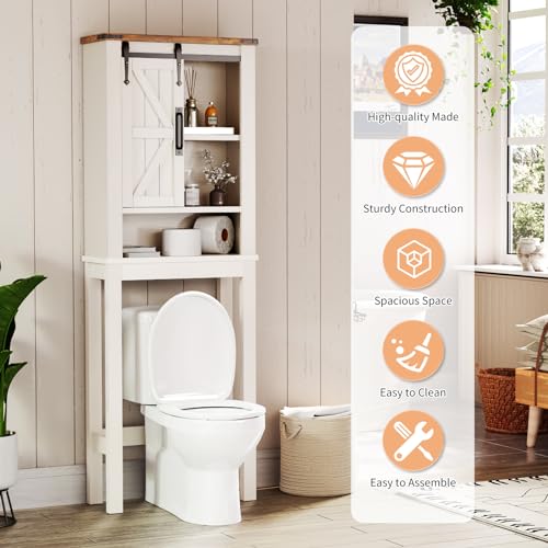 White Over The Toilet Storage Cabinet with Adjustable Shelves & Sliding Barn Doors T744233