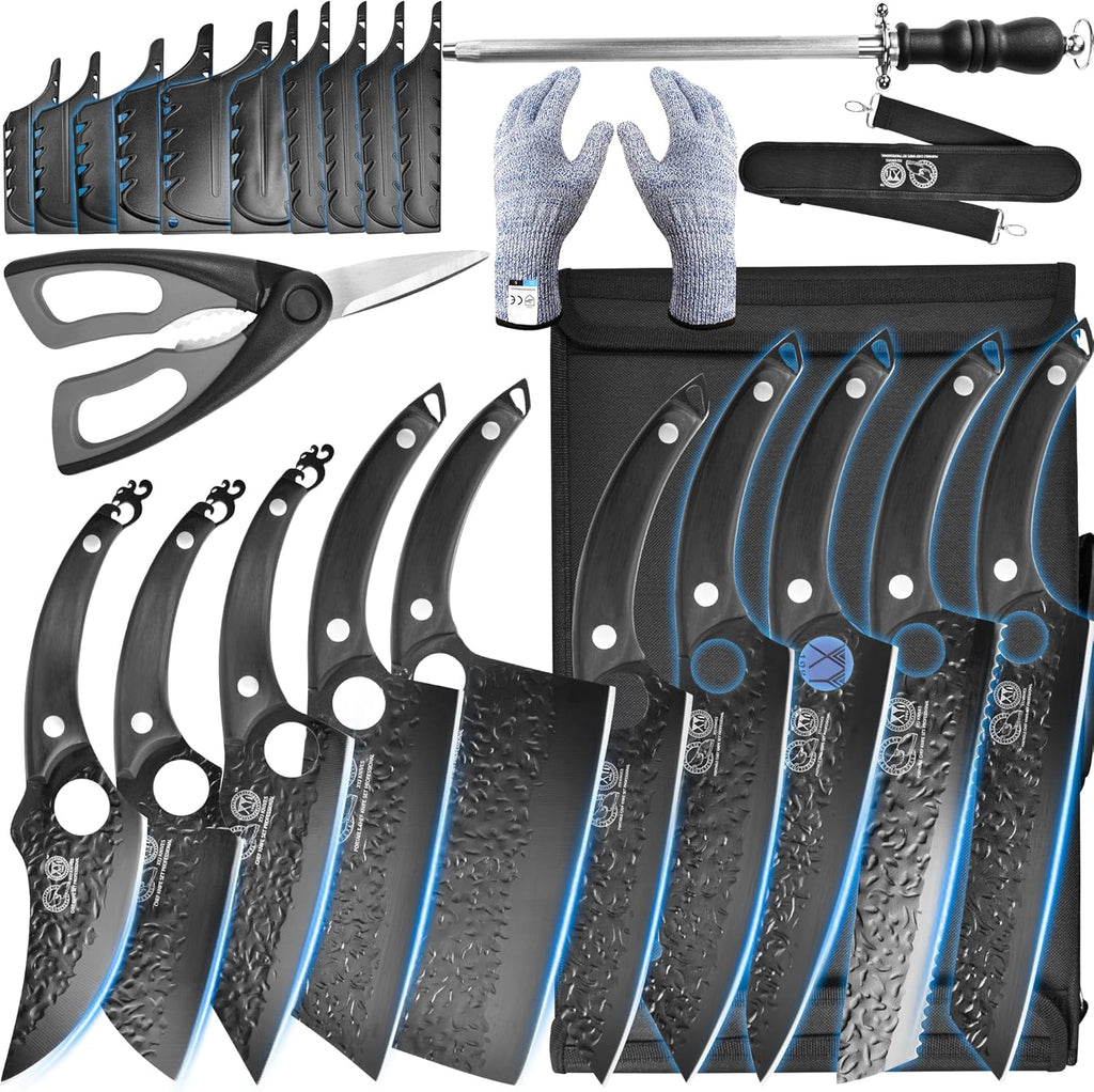 Professional Kitchen Knife Set with High-Carbon Steel Forged Blades, Chef's Knife, Cleaver, Carving Knife, Nakiri, Includes Carrying Bag & Poultry Scissors X8898