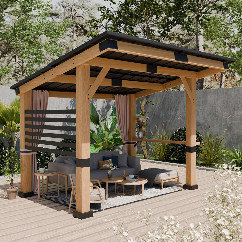 Wood Gazebo 10' x 12' with Metal Roof and Curtains U36125