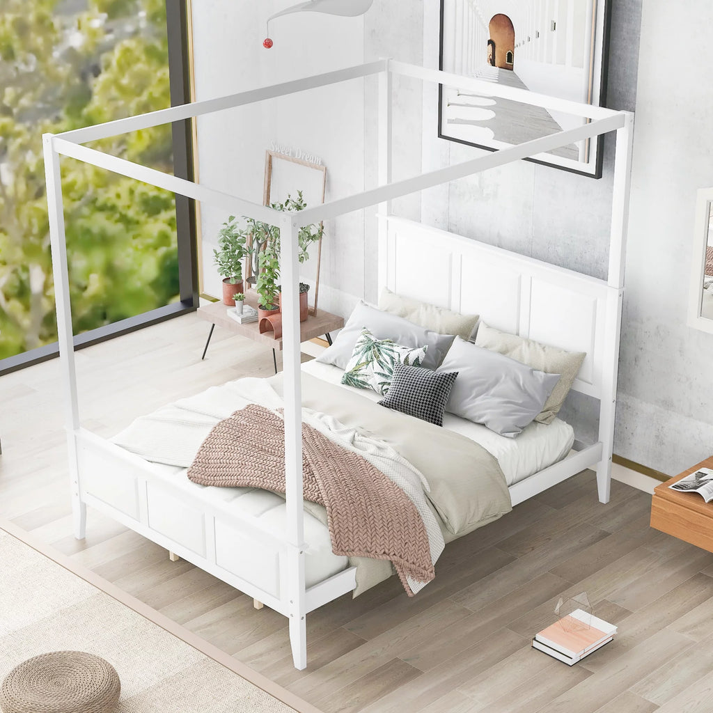 White Wood Queen Size Canopy Platform Bed S517