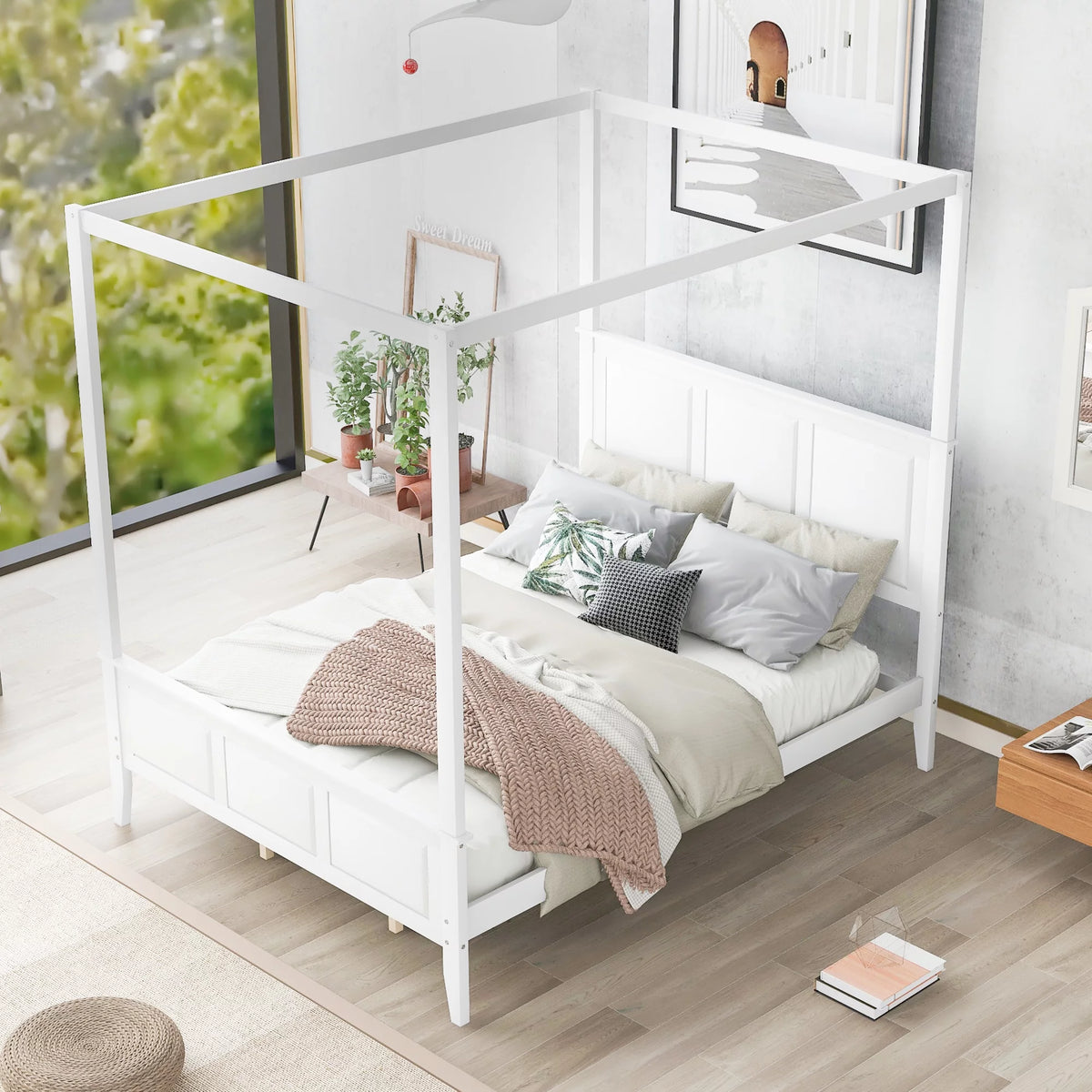 White Wood Queen Size Canopy Platform Bed S517