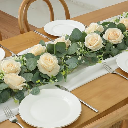 2Pcs Artificial Eucalyptus Flower Garland with White Rose Flowers F278