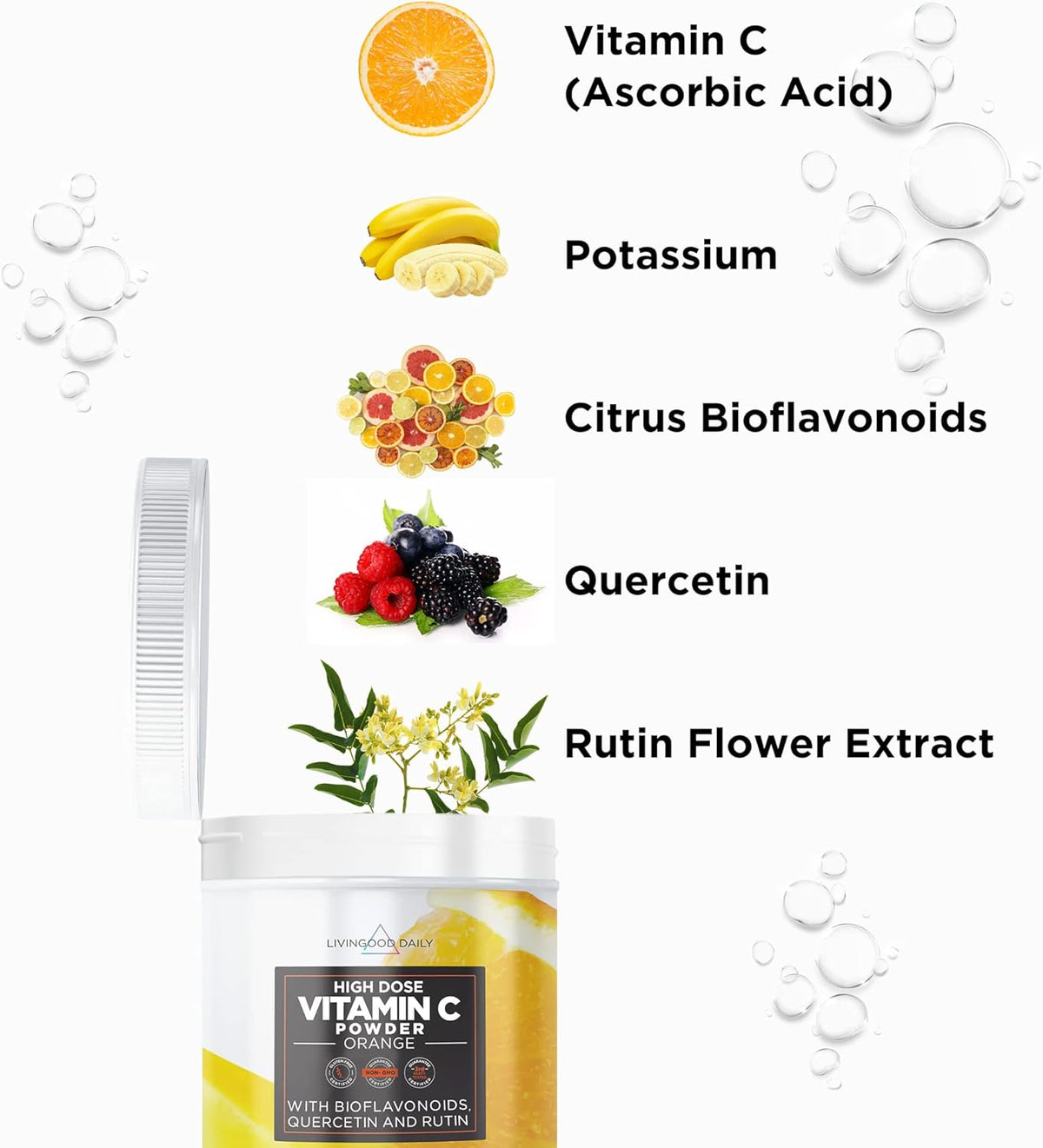 Vitamin C Powder Supplement - 2,600mg Ascorbic Acid Powder with Quercetin & Citrus Bioflavonoids - Vegan, 30 Servings Q2544