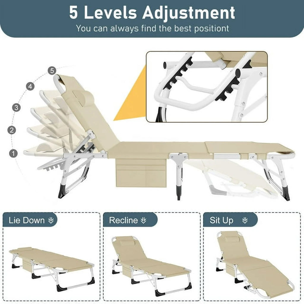 Heavy Duty Tanning Chair with Face & Arm Holes Adjustable 5-Position Folding Chaise Lounge Chair K980901