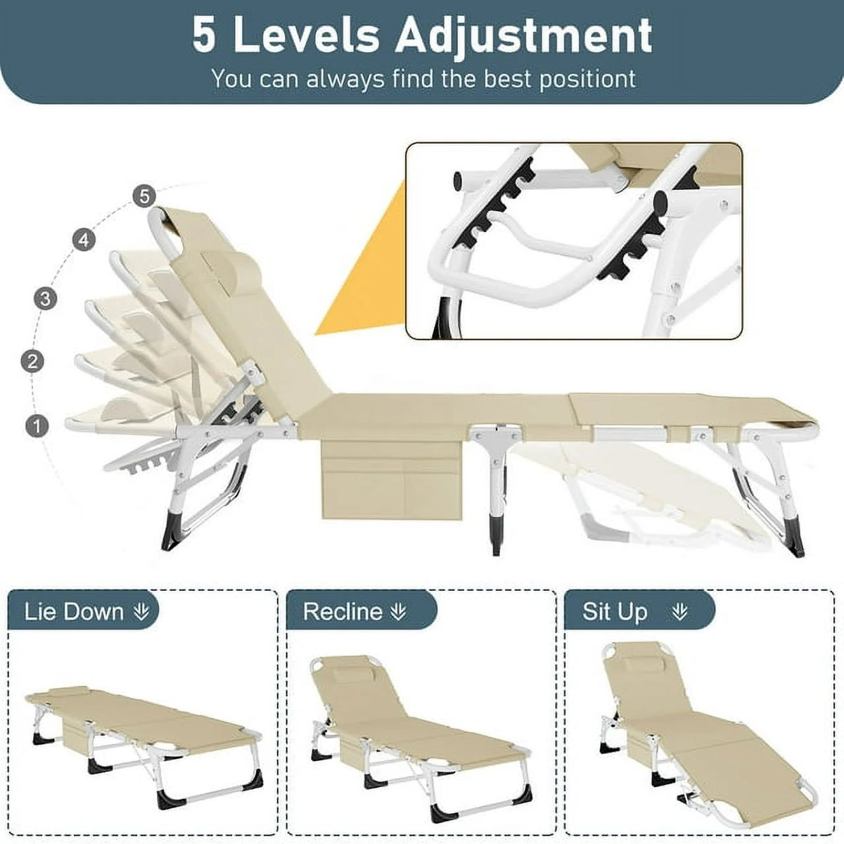 Heavy Duty Tanning Chair with Face & Arm Holes Adjustable 5-Position Folding Chaise Lounge Chair K980901