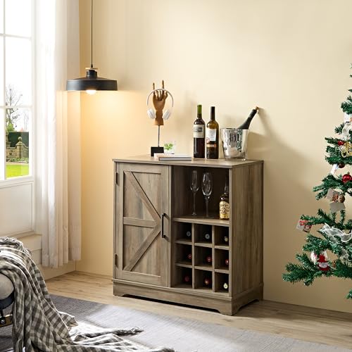 Gray Wash Farmhouse Coffee Bar Cabinet with Drawer and Sliding Barn Door T543171