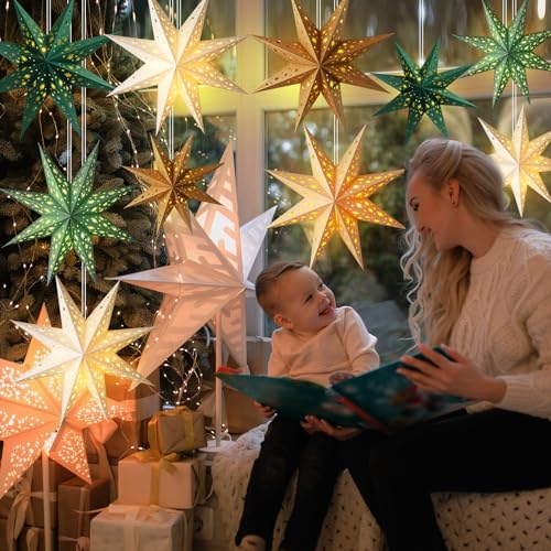 12 Pcs Sage Green 3D Star Lantern with String Light E2954