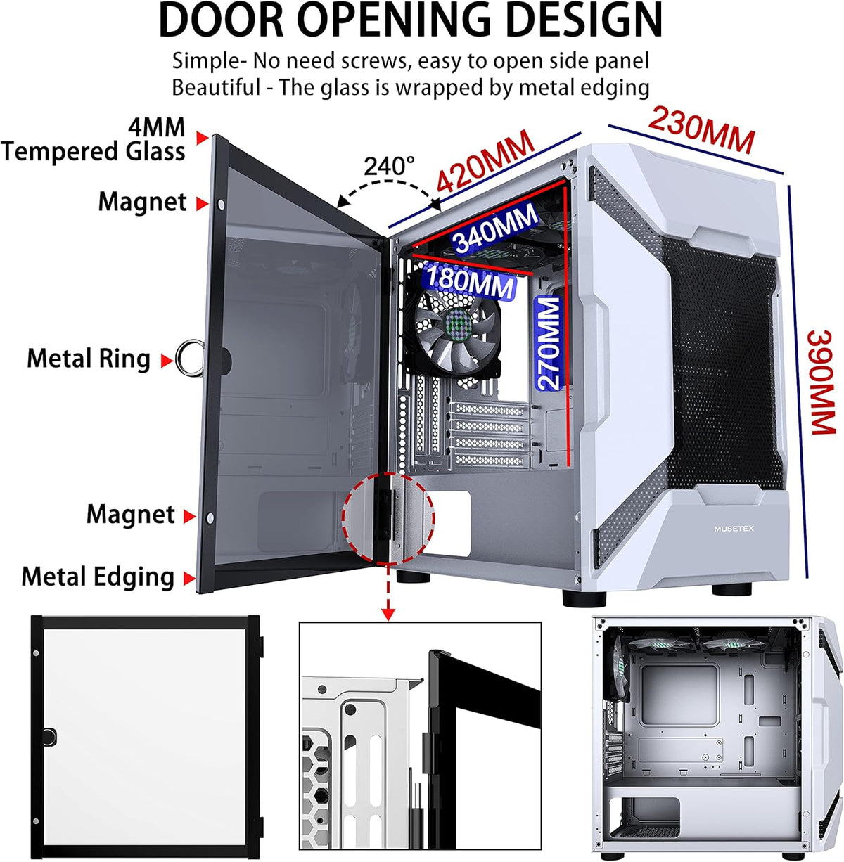 White Mesh Mid Tower PC Case with 5 ARGB Fans and Tempered Glass Panel S79977