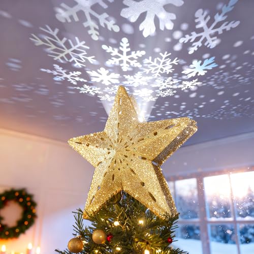 3D Hollow Sparkling Star Christmas Tree Topper with Rotating Projector T260