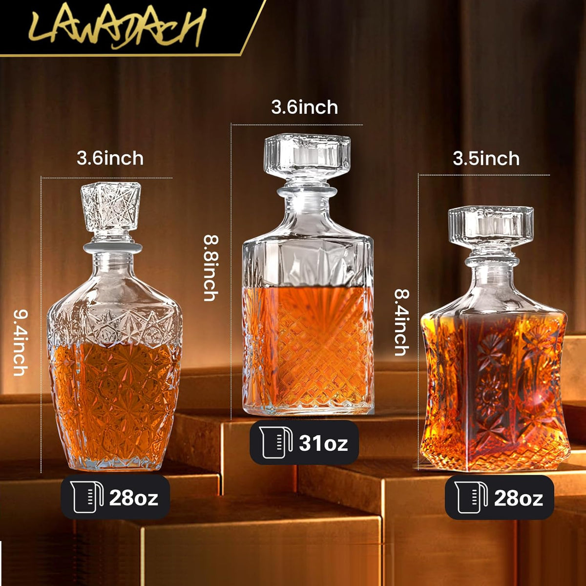 Glass Whiskey Decanter Set of 3 (28oz*2, 31oz*1) R976000
